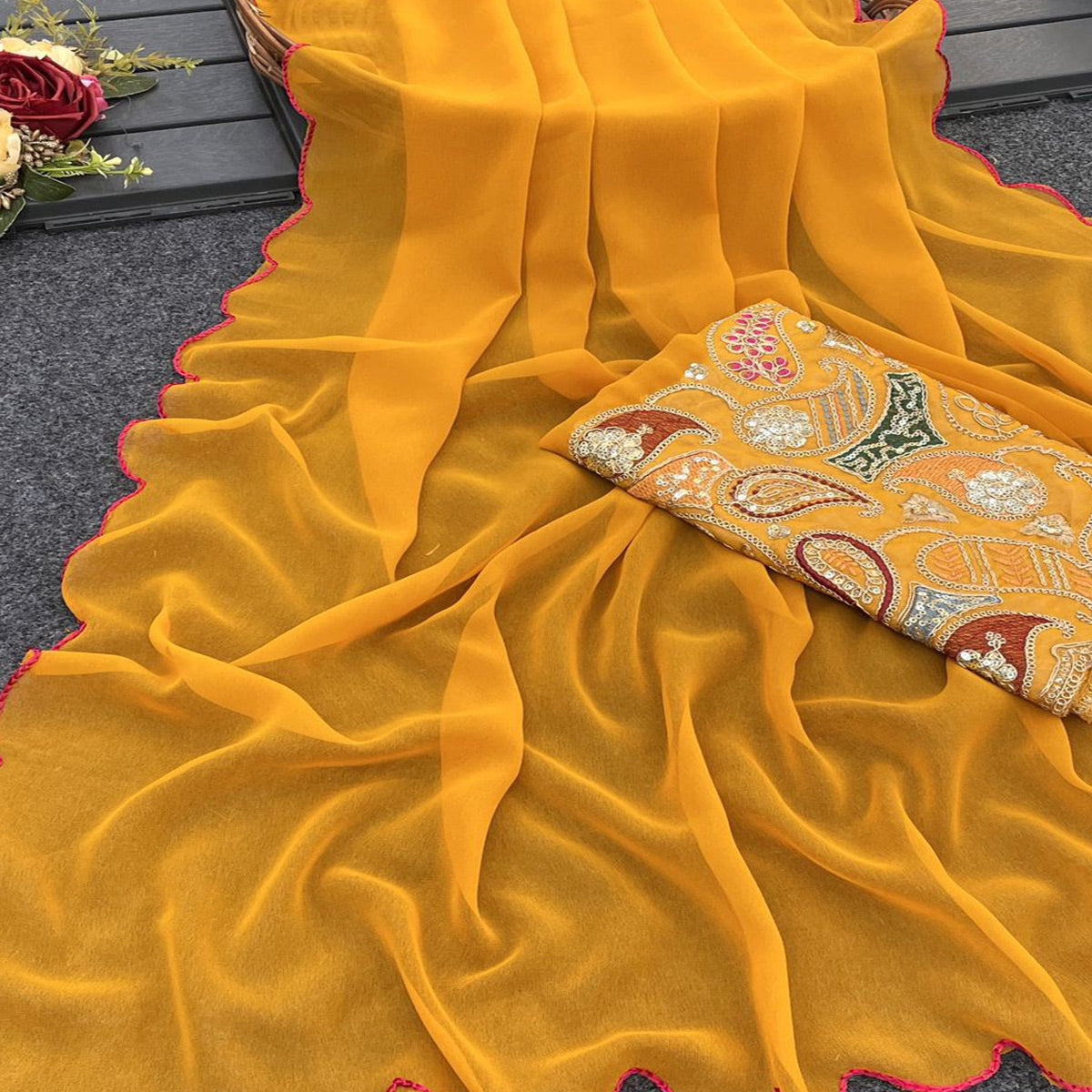 Yellow Solid Georgette Saree With Embroidered Border