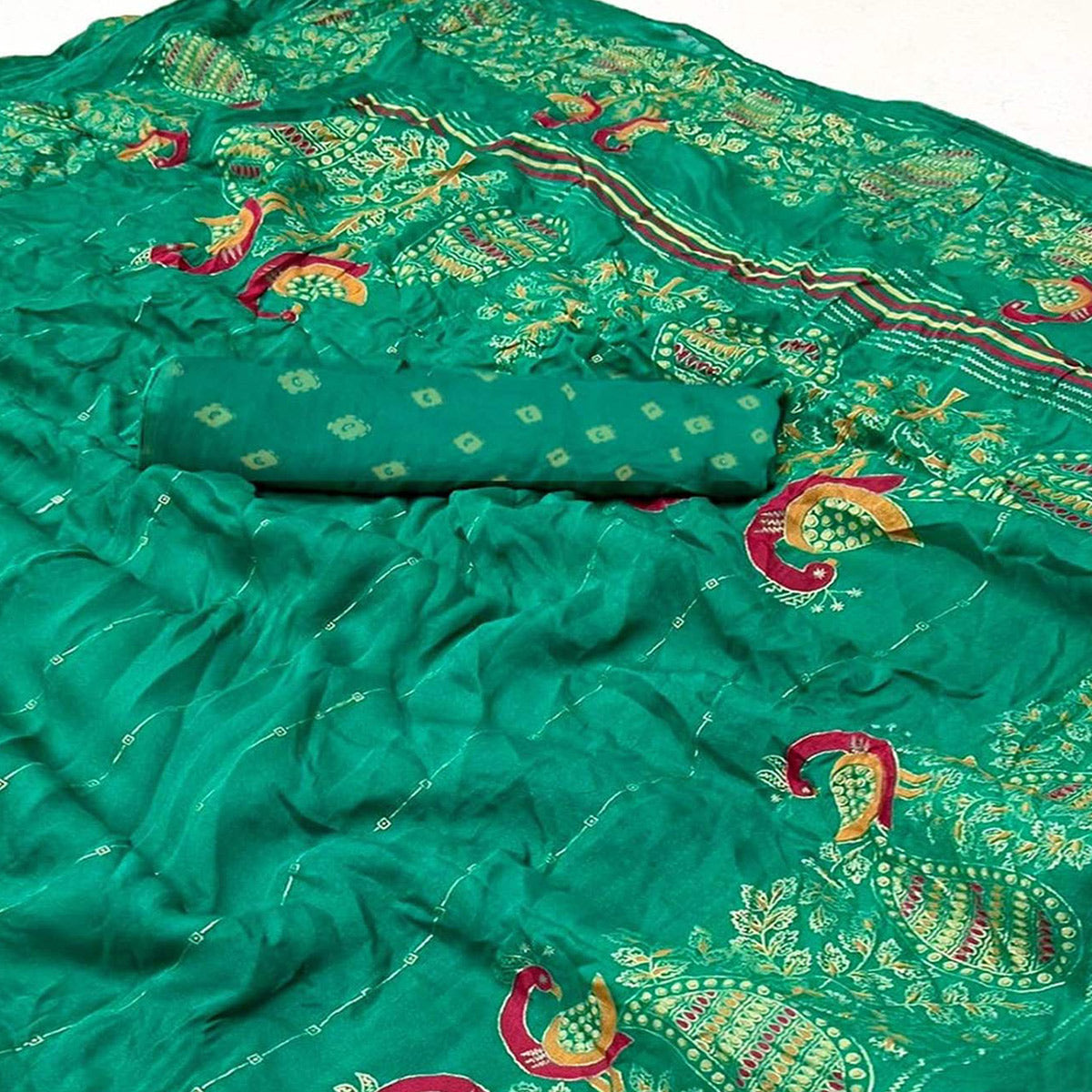 Rama Green Floral Foil Printed Georgette Saree