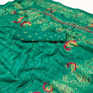 Rama Green Floral Foil Printed Georgette Saree