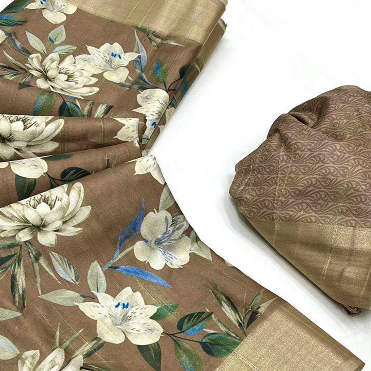 Brown Floral Digital Printed With Woven Border Tussar Silk Saree