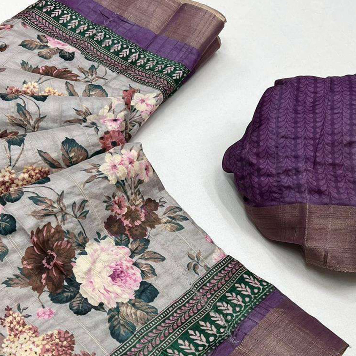 Grey & Purple Floral Digital Printed With Woven Border Tussar Silk Saree