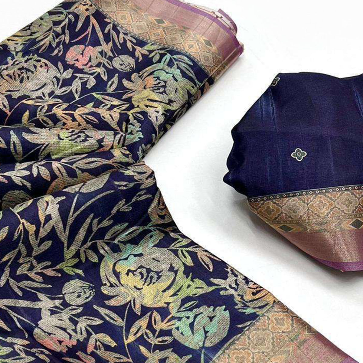 Navy Blue Floral Digital Printed With Woven Border Tussar Silk Saree