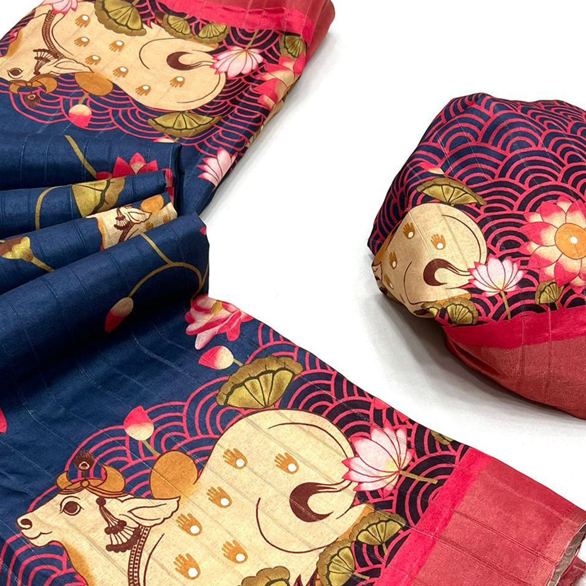 Navy Blue Floral Digital Printed Tussar Silk Saree