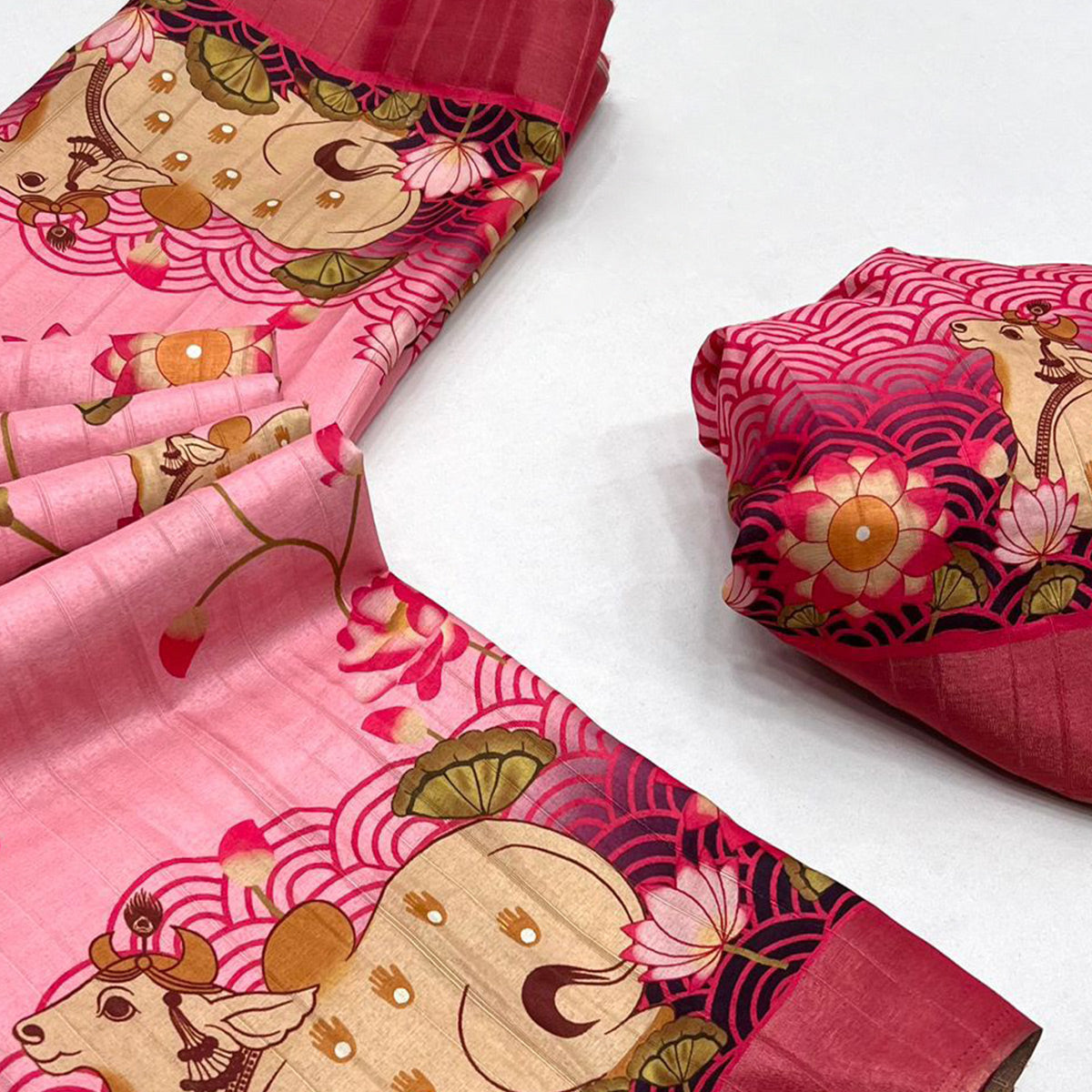 Pink & Red Floral Digital Printed Tussar Silk Saree