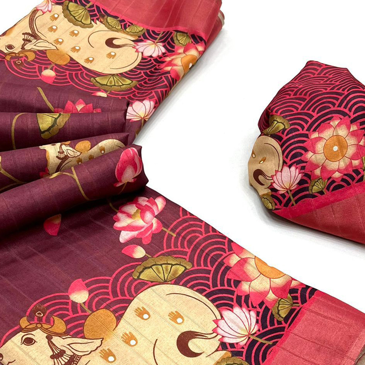 Wine Floral Digital Printed Tussar Silk Saree