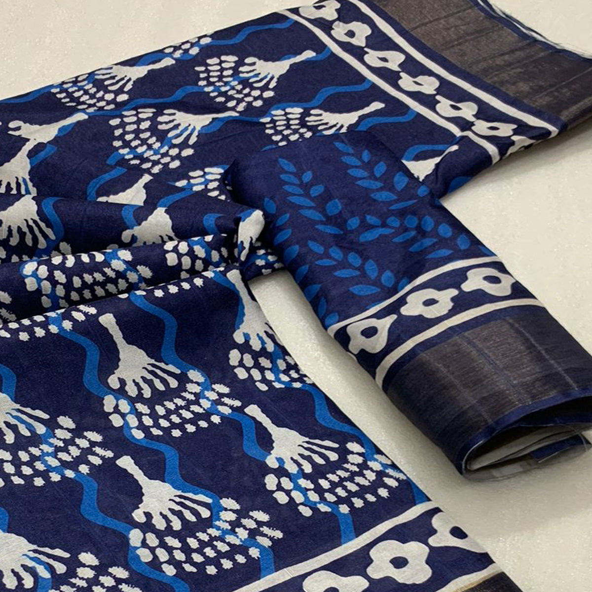 Blue Printed Tussar Silk Saree