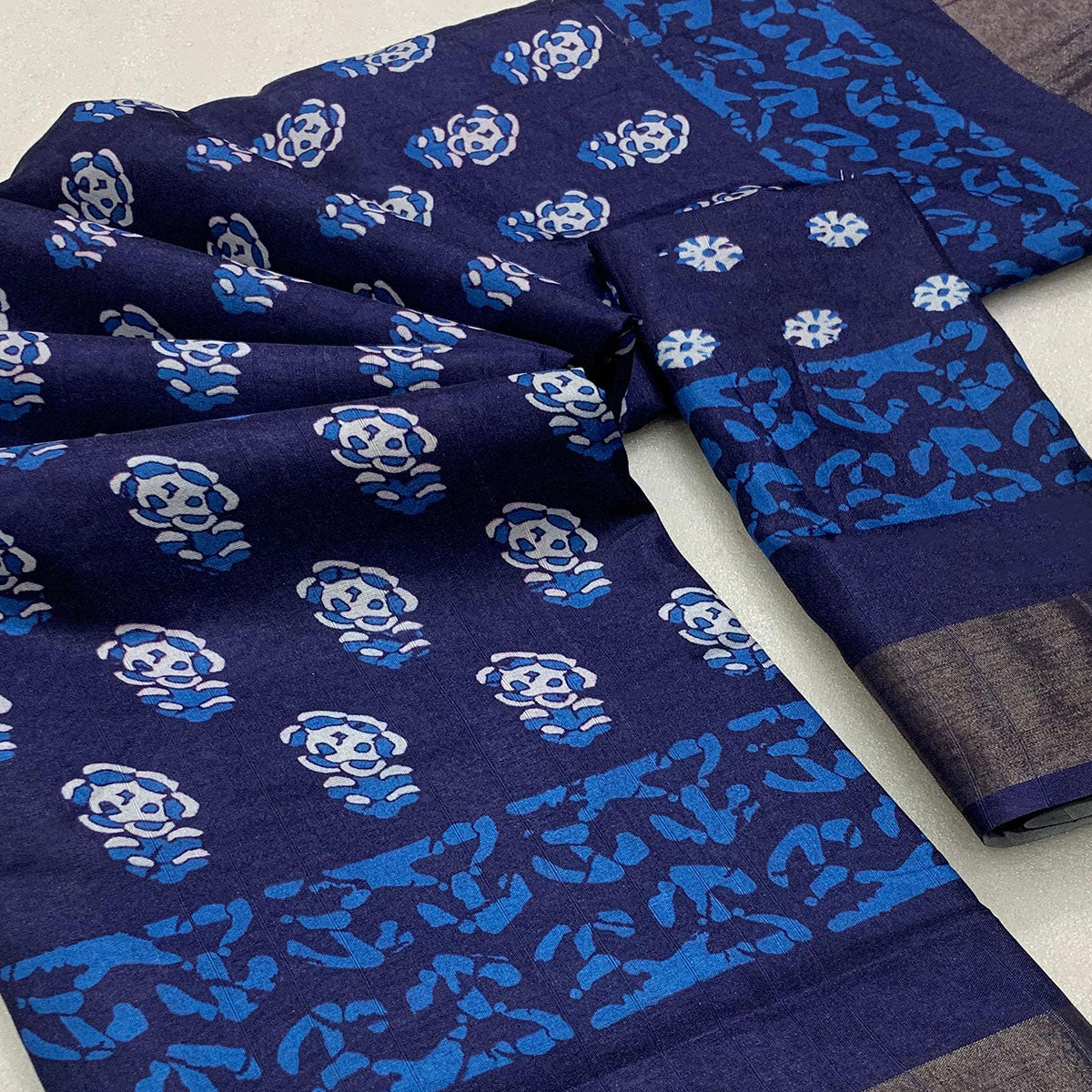 Blue Floral Digital Printed Tussar Silk Saree