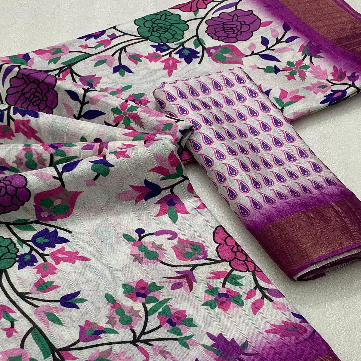 White & Purple Floral Digital Printed Tussar Silk Saree