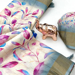 Festive Off White Silk Blend Saree with Subtle Floral Print and Shimmering Zari Border