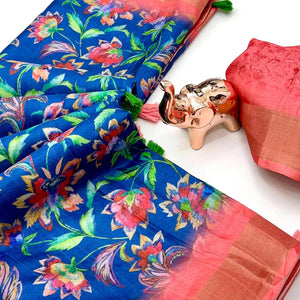 Festive Royal Blue Silk Blend Saree with Subtle Floral Print and Shimmering Zari Border