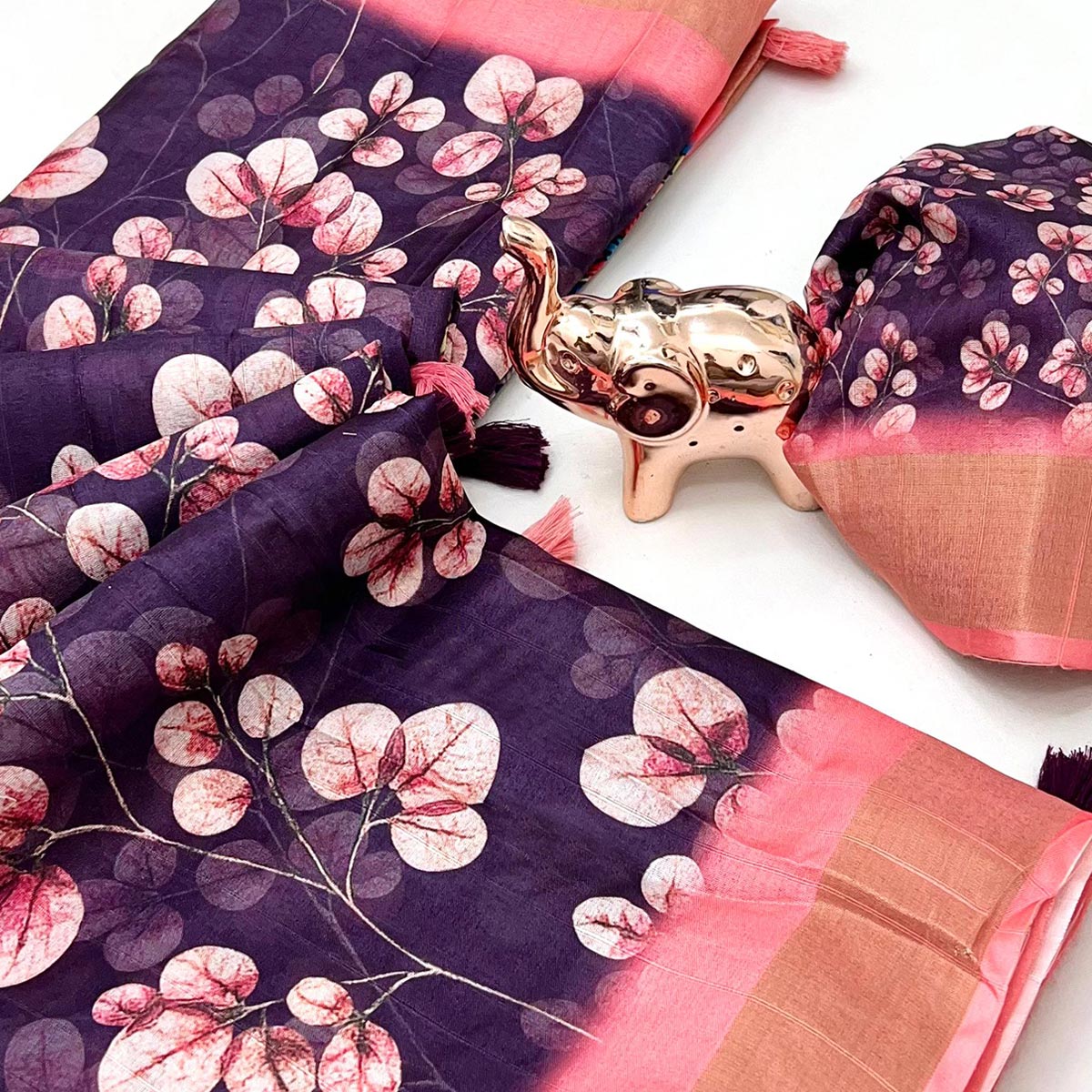 Festive Deep Purple Silk Blend Saree with Subtle Floral Print and Shimmering Zari Border