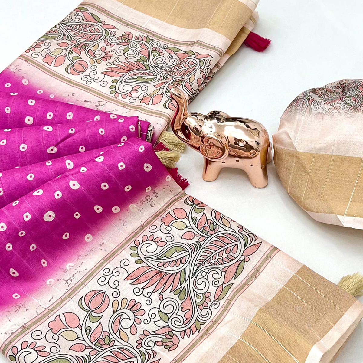 Festive Pink & Off White Silk Blend Saree with Subtle Floral Print and Shimmering Zari Border