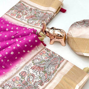 Festive Pink & Off White Silk Blend Saree with Subtle Floral Print and Shimmering Zari Border
