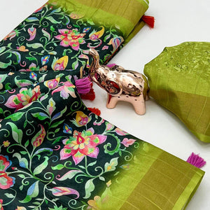 Festive Dark Green Silk Blend Saree with Subtle Floral Print and Shimmering Zari Border