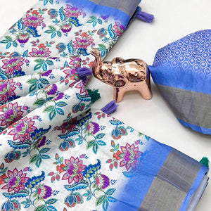 Festive White & Blue Silk Blend Saree with Subtle Floral Print and Shimmering Zari Border