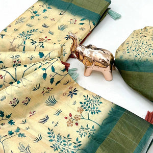 Festive Cream Silk Blend Saree with Subtle Floral Print and Shimmering Zari Border