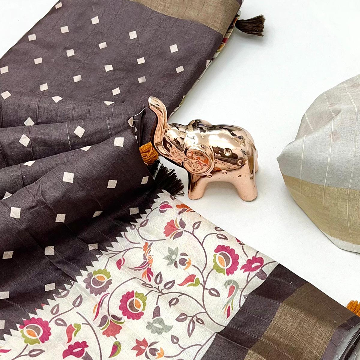 Festive Dark Brown Silk Blend Saree with Subtle Floral Print and Shimmering Zari Border