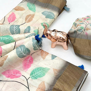 Premium Off White Saree with Floral Print and Traditional Zari Border Detailing