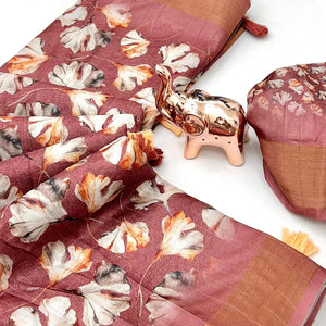 Festive Mauve Silk Blend Saree with Subtle Floral Print and Shimmering Zari Border