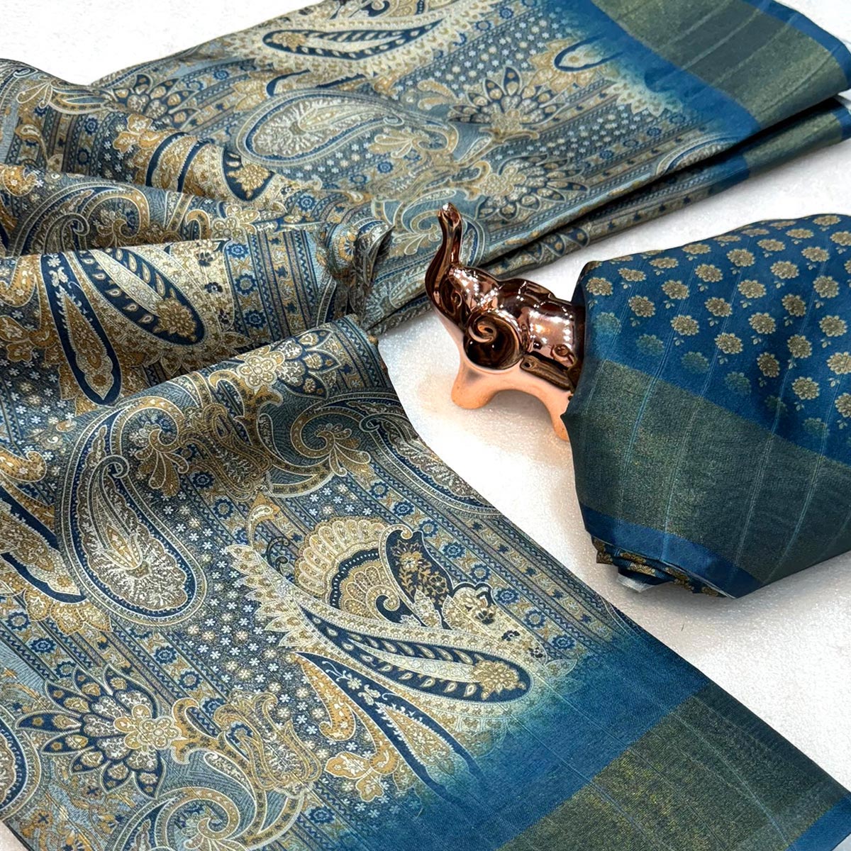 Festive Grey Silk Blend Saree with Subtle Floral Print and Shimmering Zari Border