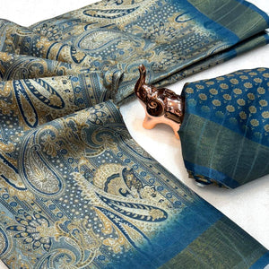 Festive Grey Silk Blend Saree with Subtle Floral Print and Shimmering Zari Border