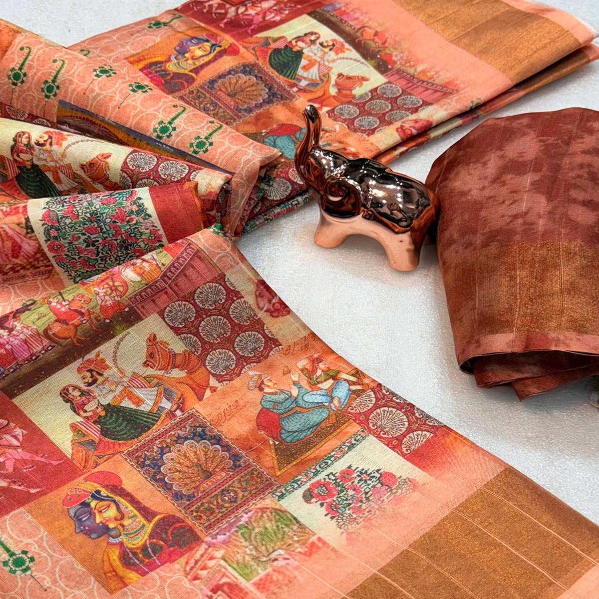 Festive Peach Silk Blend Saree with Subtle Floral Print and Shimmering Zari Border