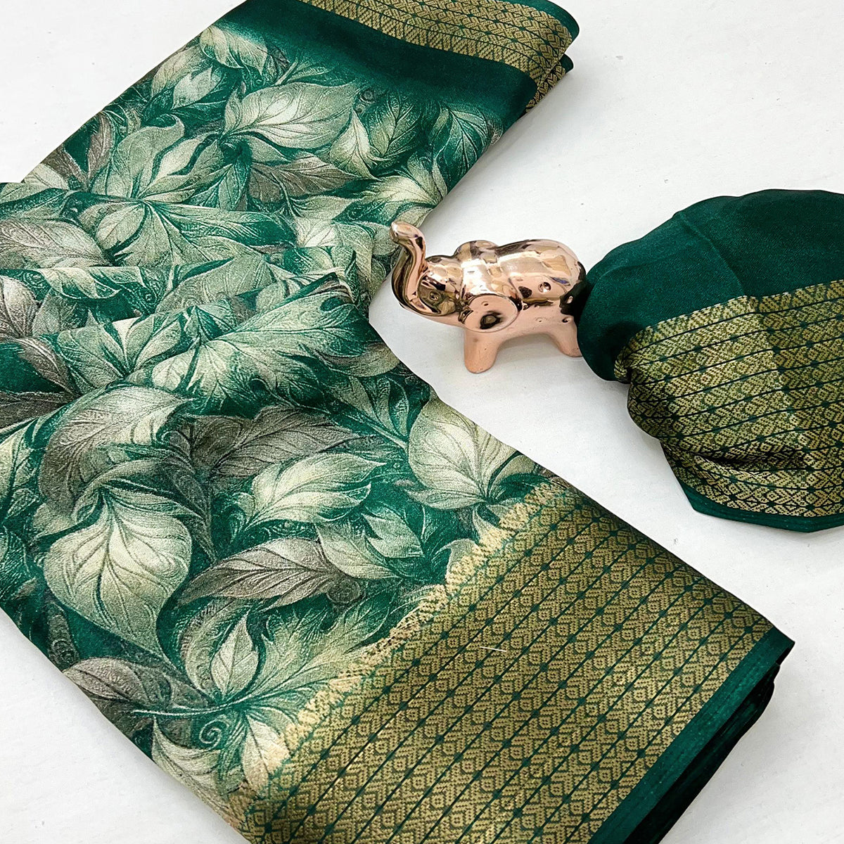 Green Leaf Printed Dola Silk Marshmallow Saree With Paisley Jaal Pallu & Lustrous Weaving Border