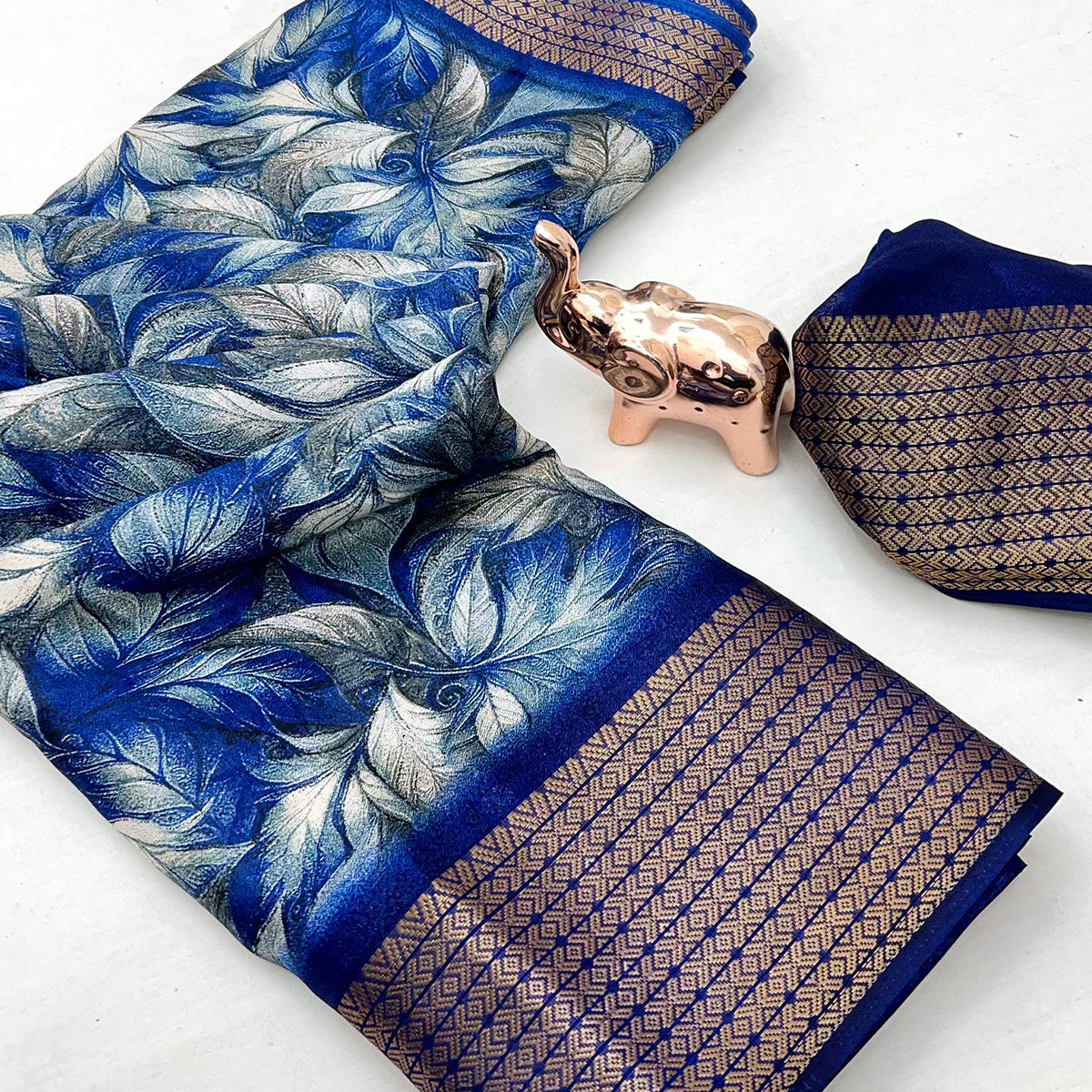 Royal Blue Leaf Print Dola Silk Marshmallow Saree With Paisley Jaal Pallu & Lustrous Weaving Border