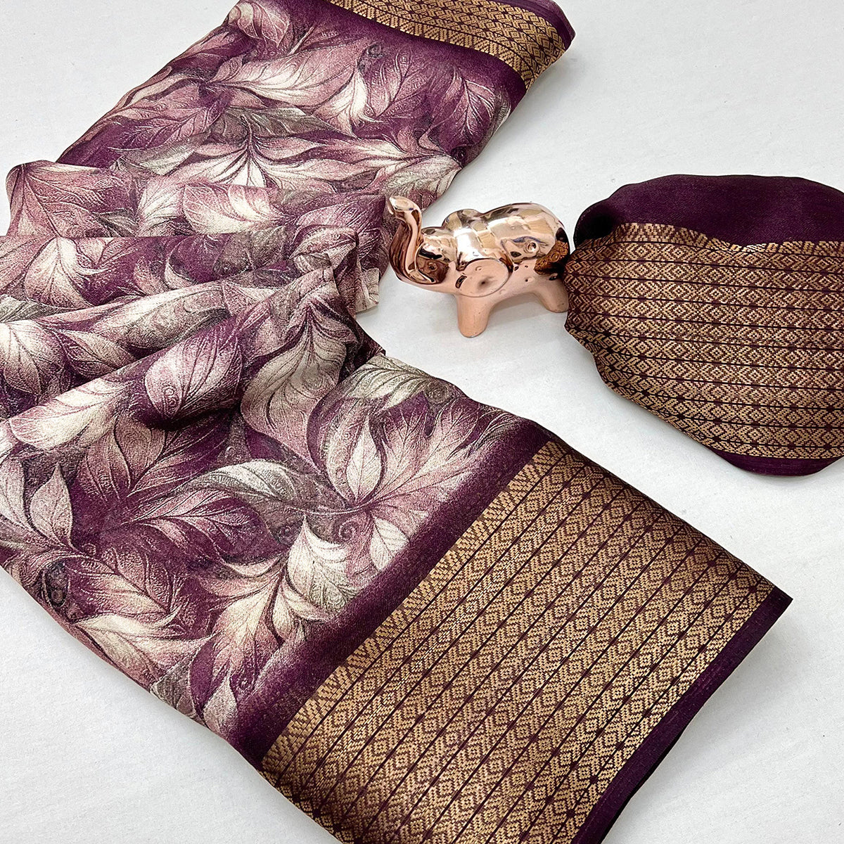 Wine Leaf Printed Dola Silk Marshmallow Saree With Paisley Jaal Pallu & Lustrous Weaving Border