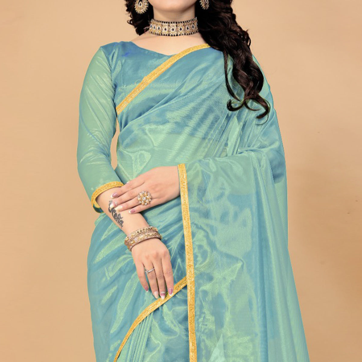 Blue Solid Nylon Saree With Lace Border