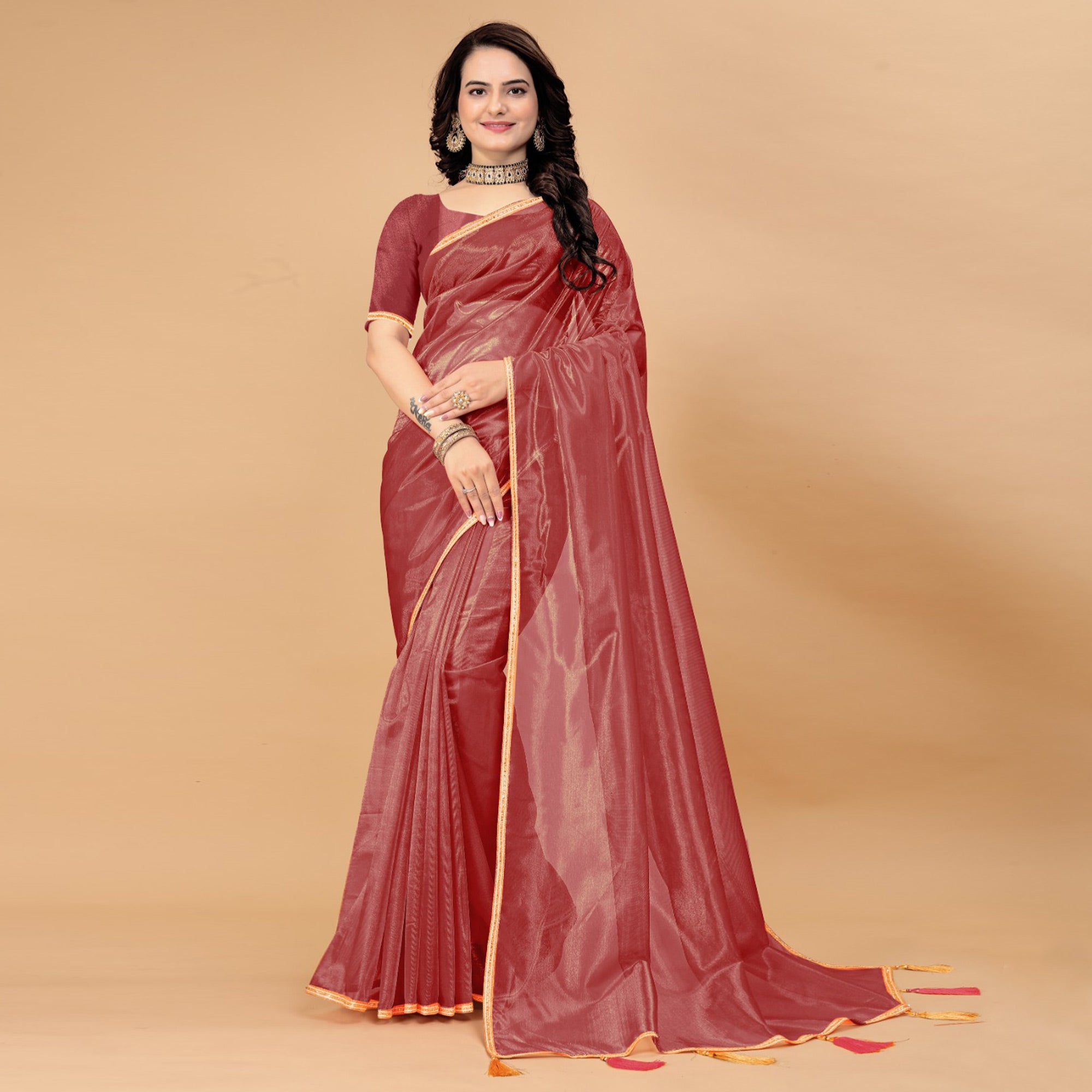 Brick Red Solid Nylon Saree With Lace Border