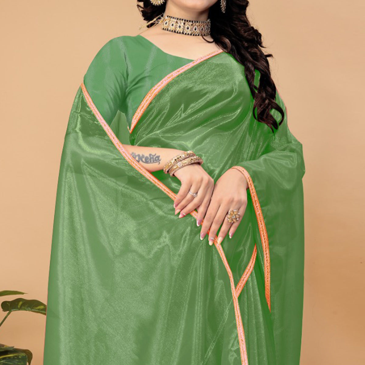 Green Solid Nylon Saree With Lace Border