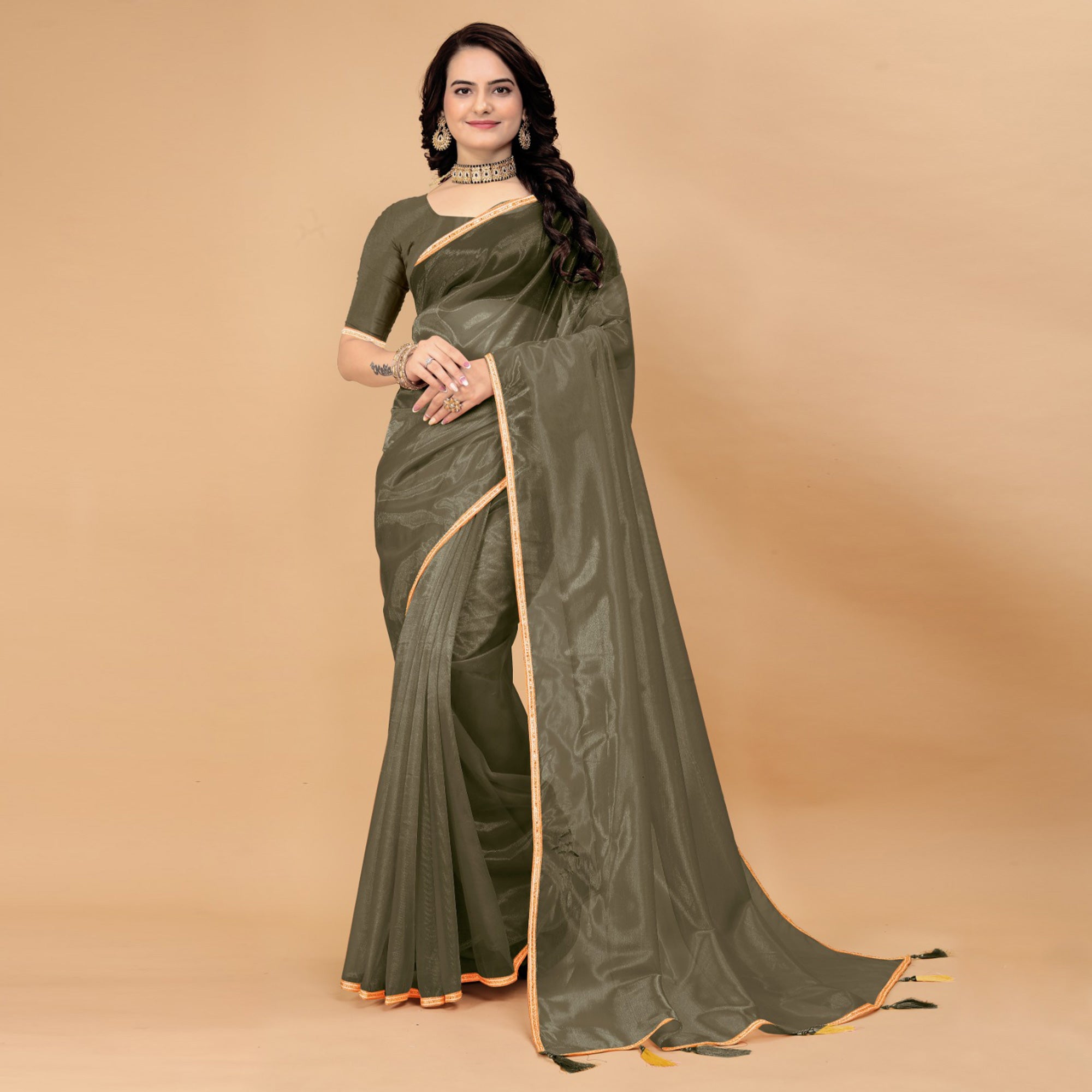 Mehendi Green Solid Nylon Saree With Lace Border