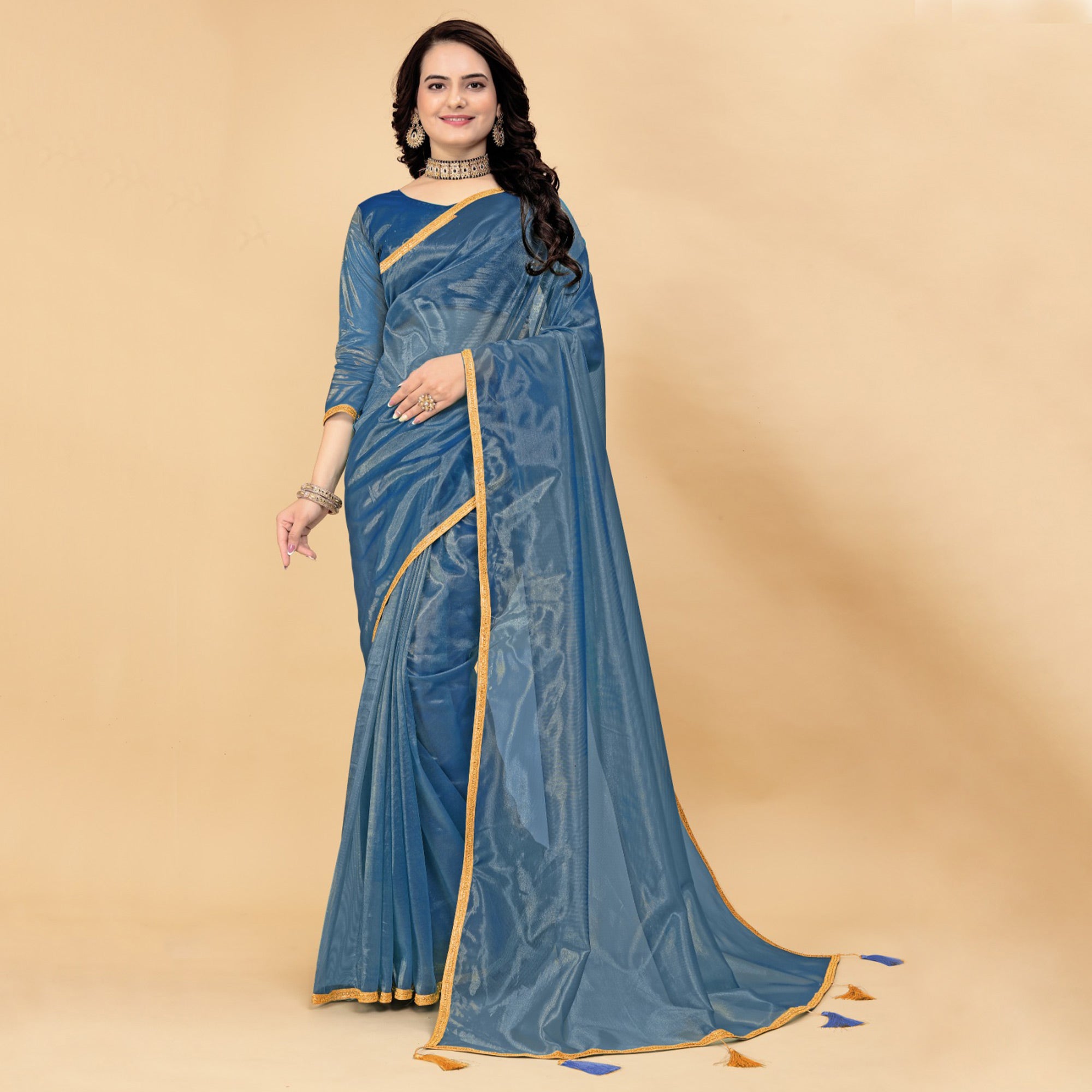 Morpich Solid Nylon Saree With Lace Border