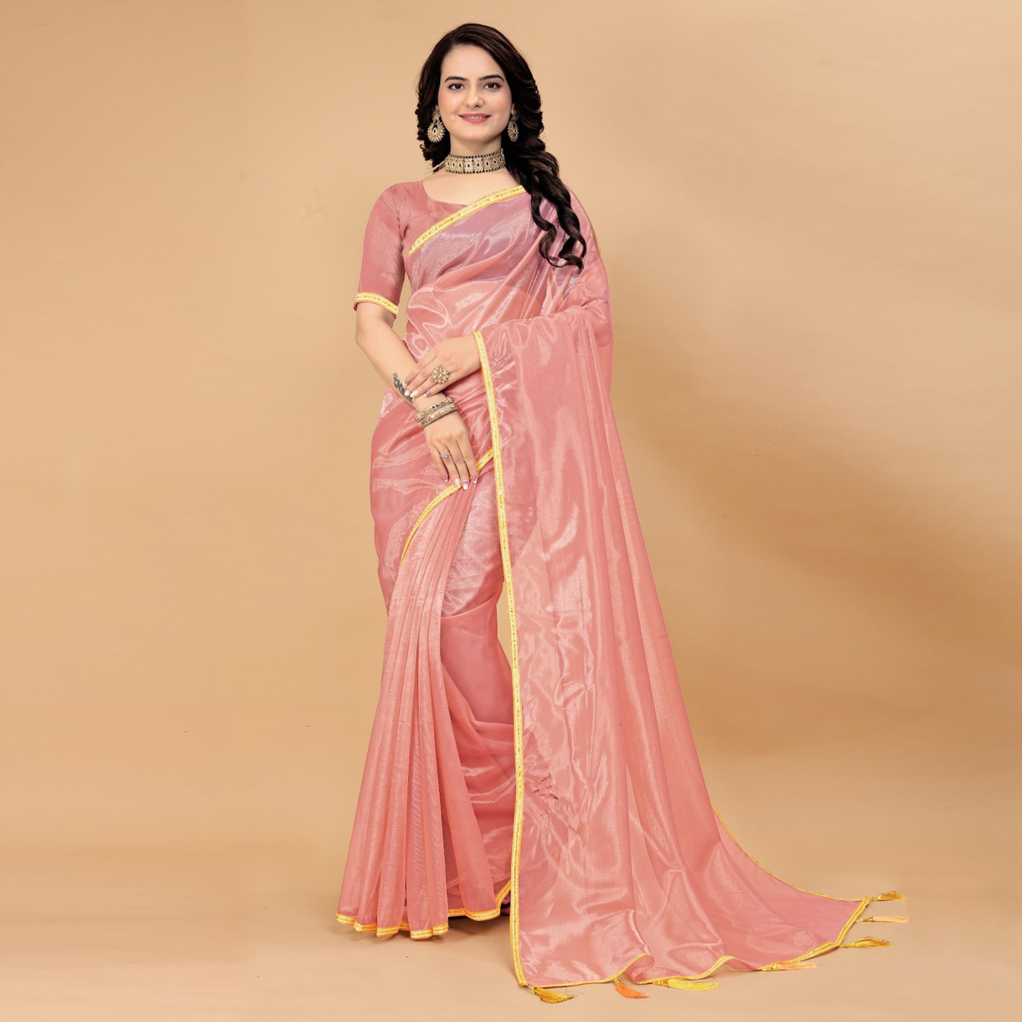 Peach Solid Nylon Saree With Lace Border