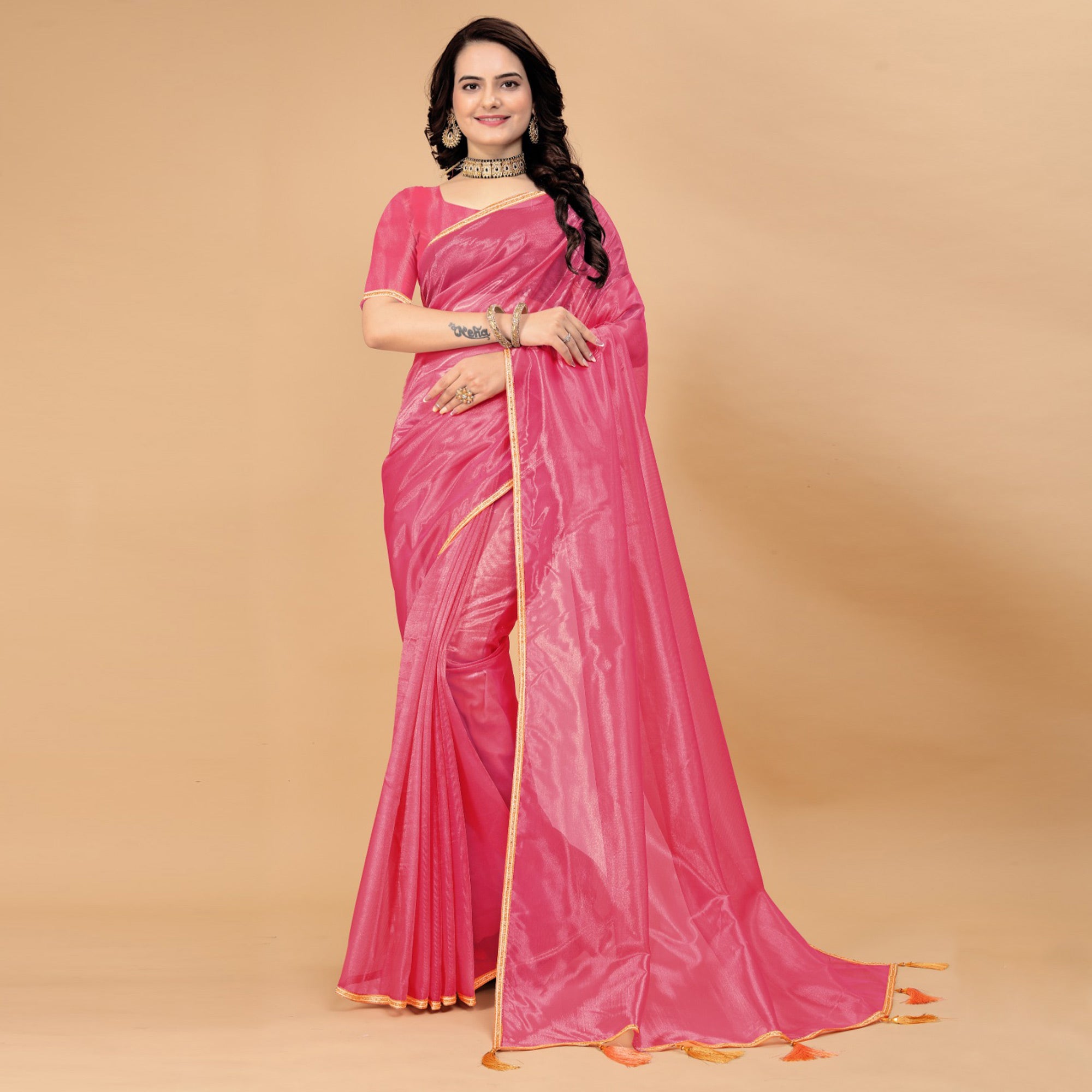 Pink Solid Nylon Saree With Lace Border