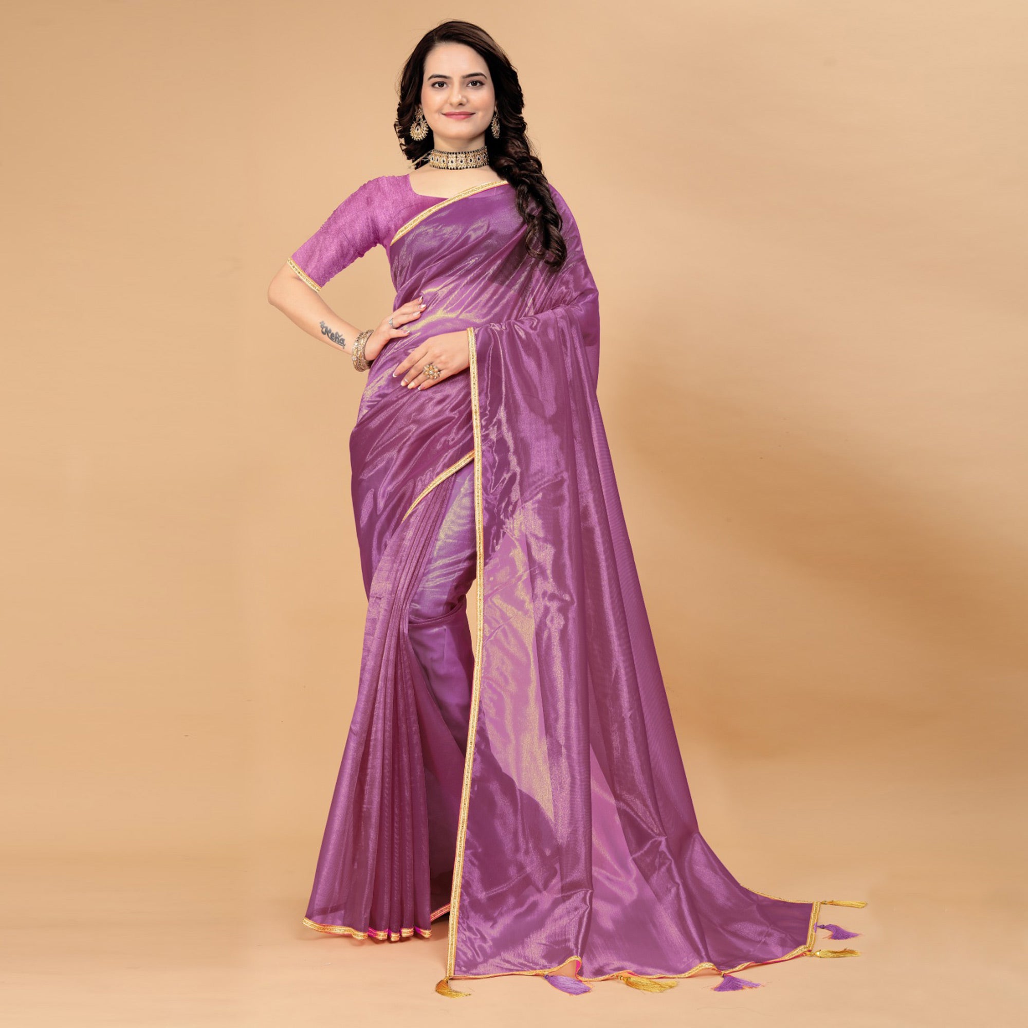 Purple Solid Nylon Saree With Lace Border