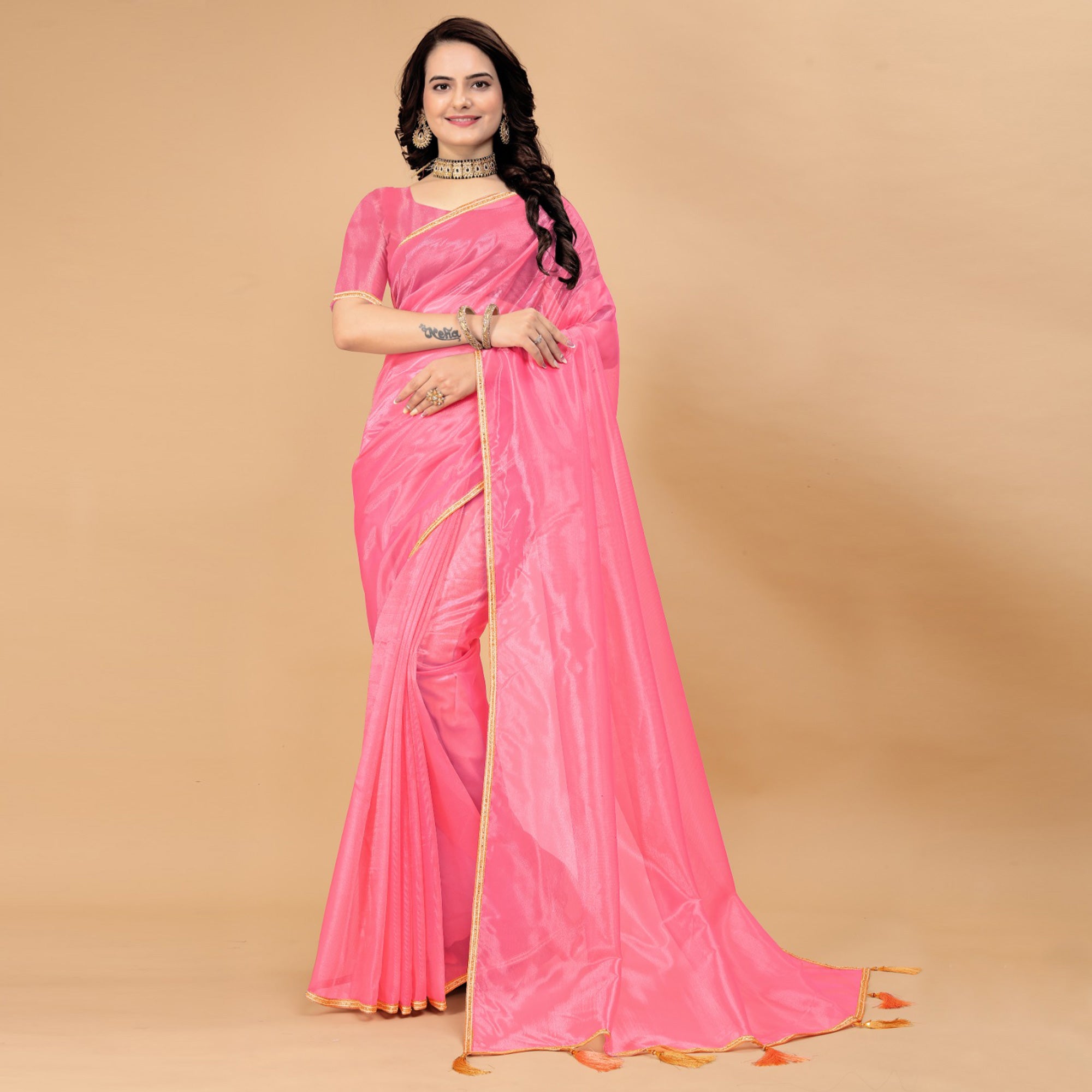 Rose Pink Solid Nylon Saree With Lace Border
