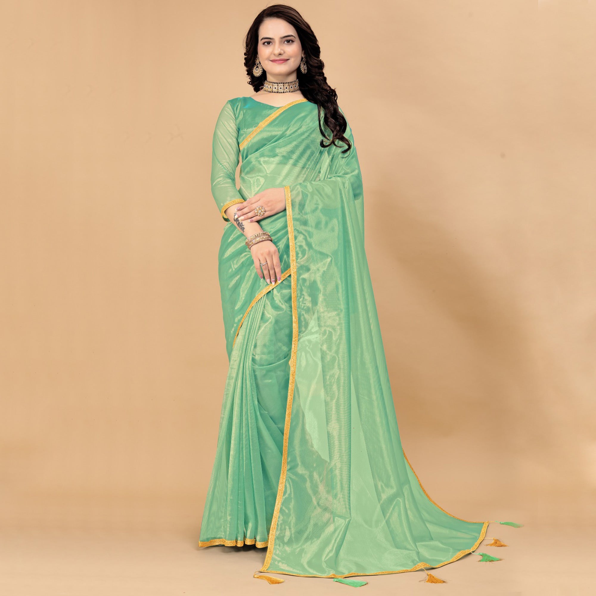 Sea Green Solid Nylon Saree With Lace Border