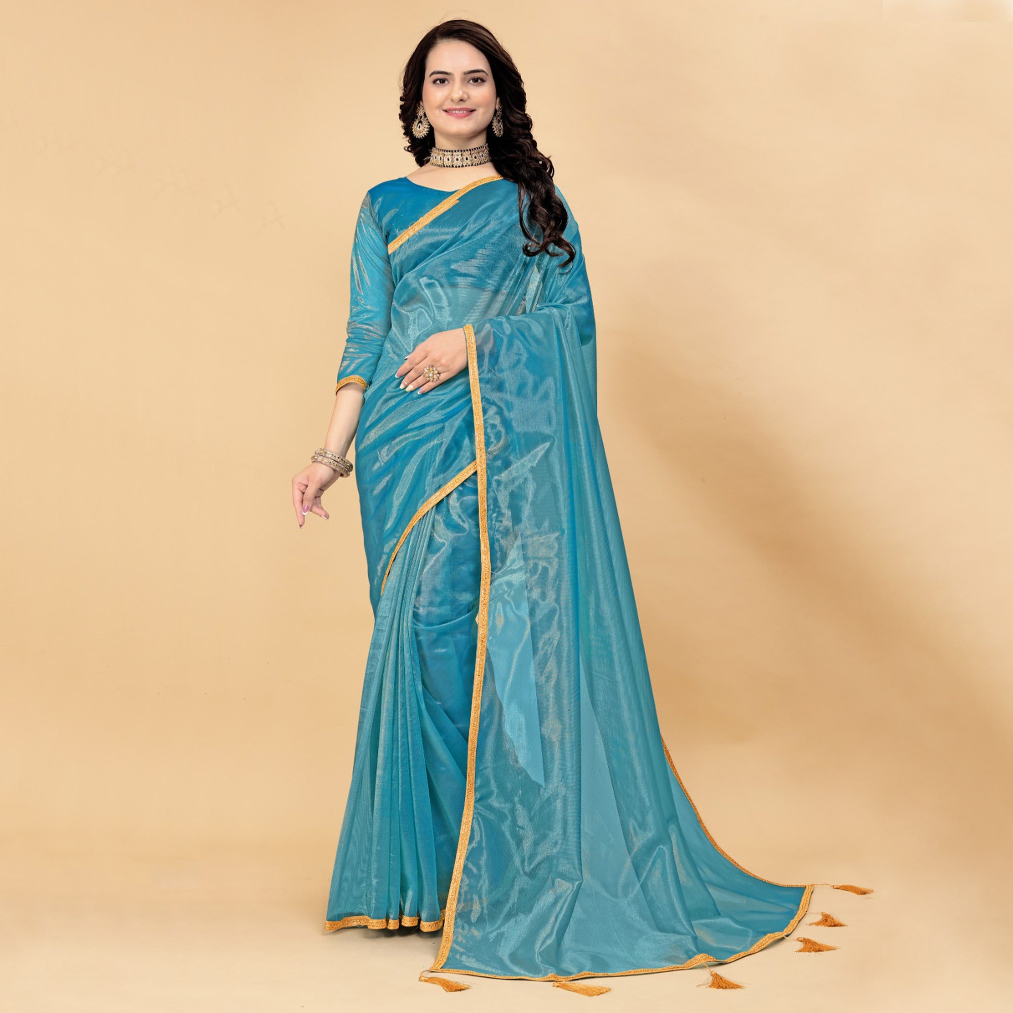 Teal Blue Solid Nylon Saree With Lace Border