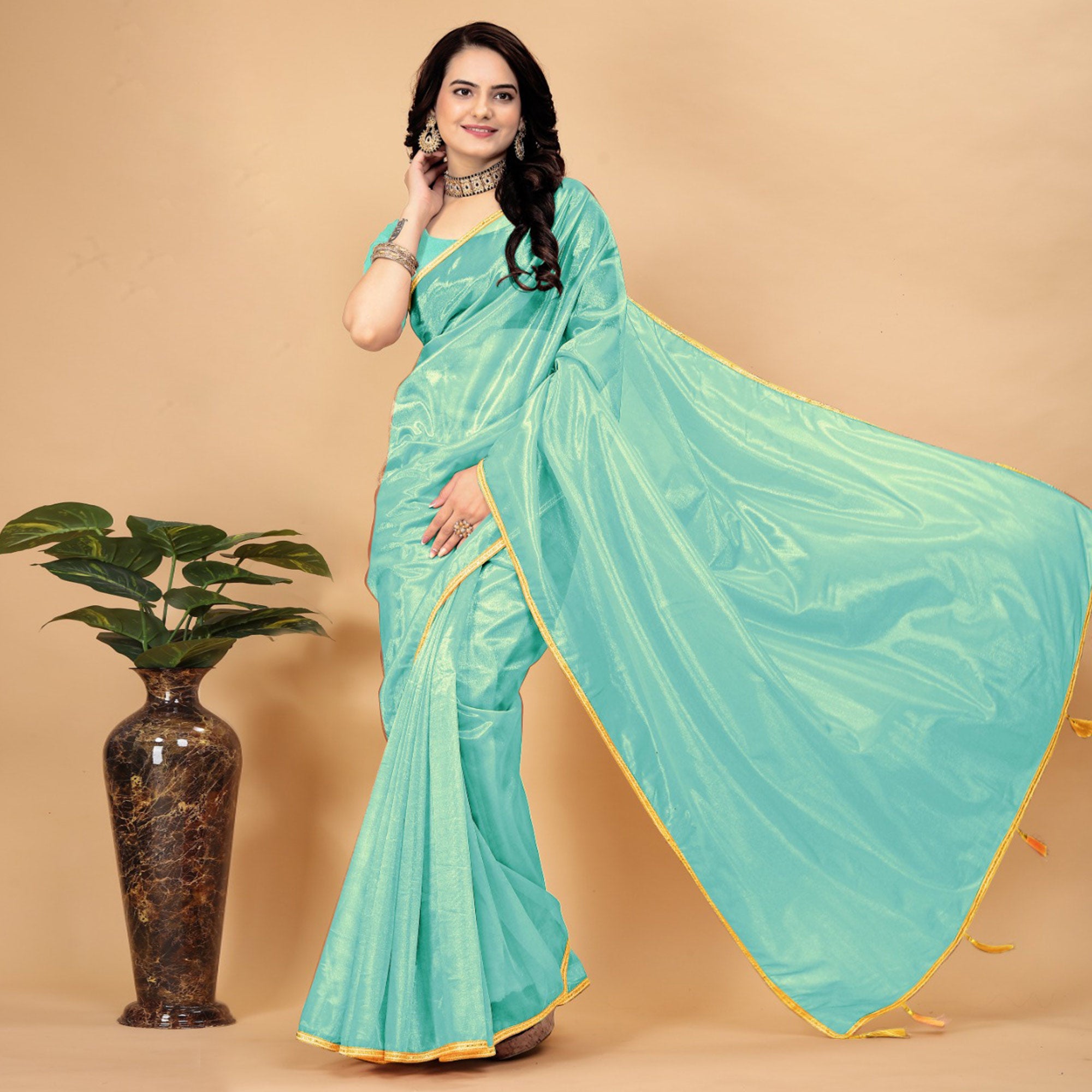 Turquoise Solid Nylon Saree With Lace Border