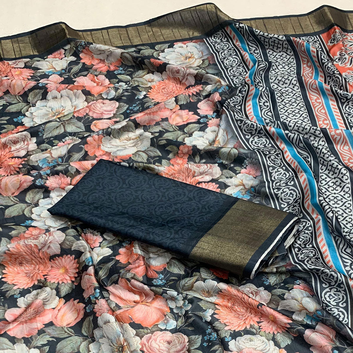 Blue Digital Printed Tussar Silk Saree