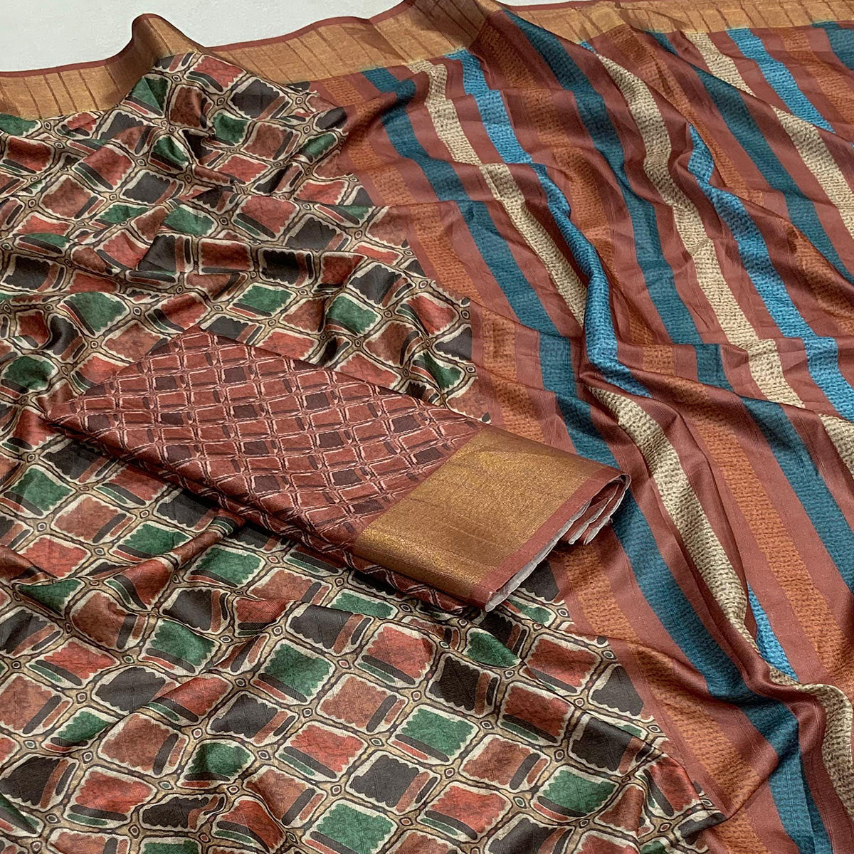 Brown Digital Printed Tussar Silk Saree