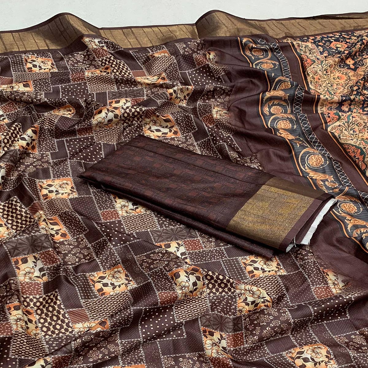 Coffee Brown Digital Printed Tussar Silk Saree