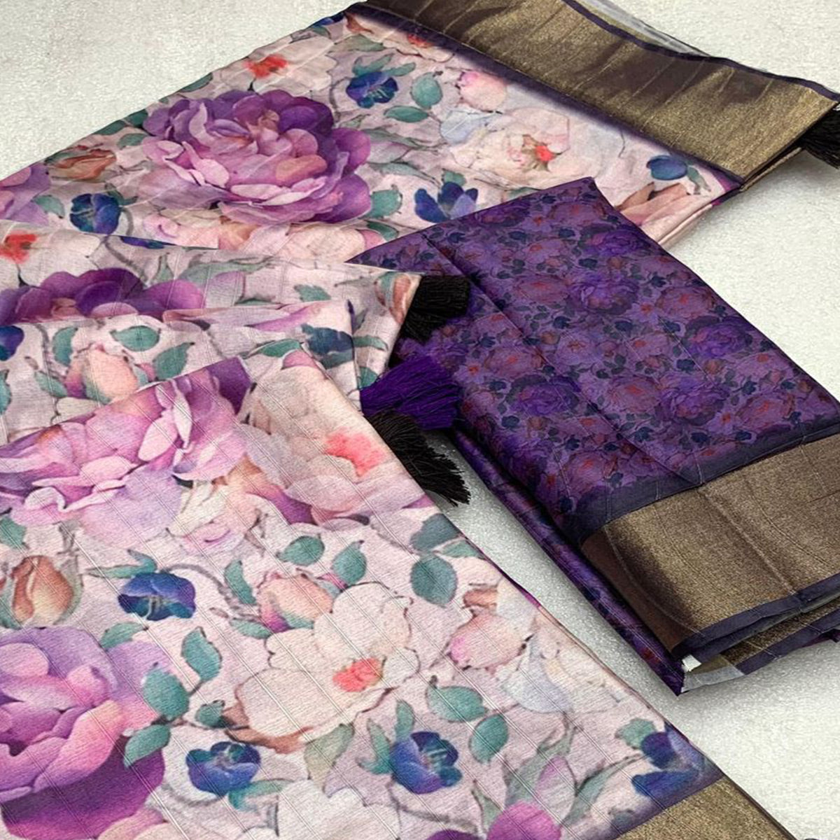 Lavender Digital Printed Tussar Silk Saree