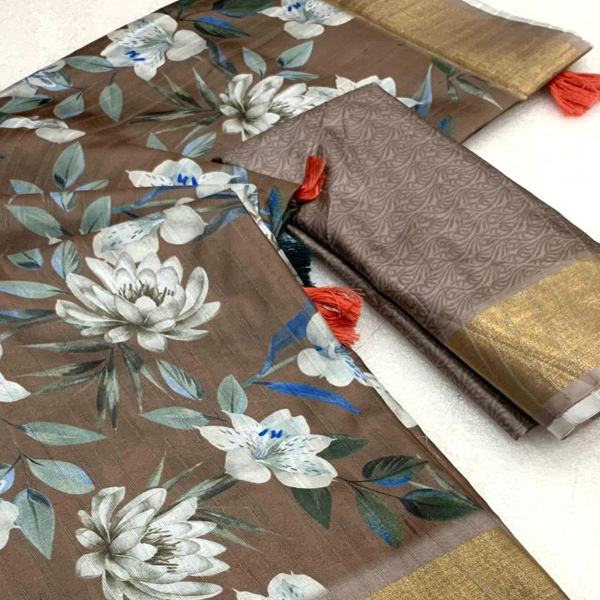 Mud Brown Digital Printed Tussar Silk Saree