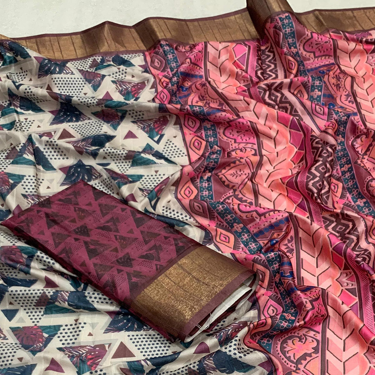 Off White Digital Printed Tussar Silk Saree