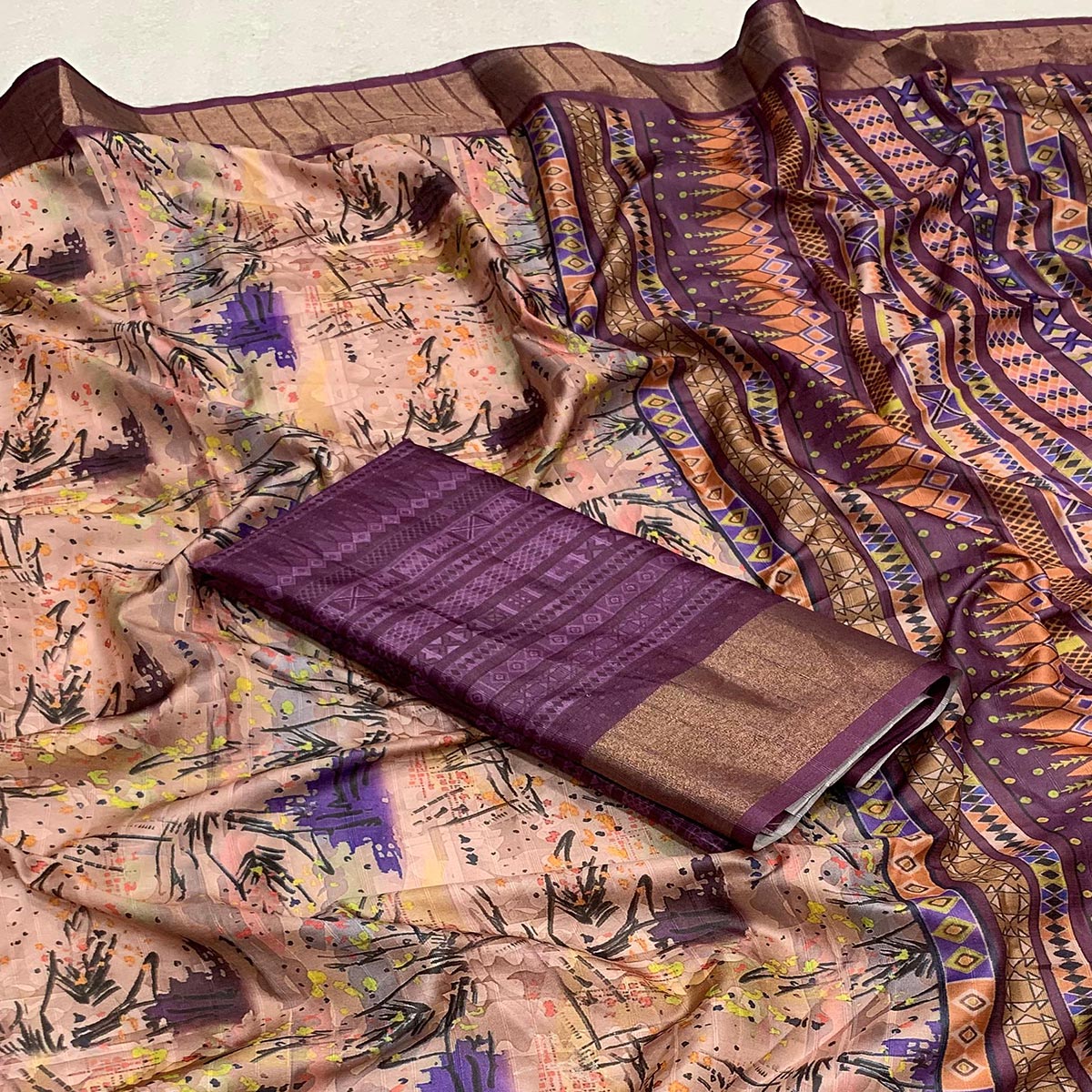 Purple Digital Printed Tussar Silk Saree