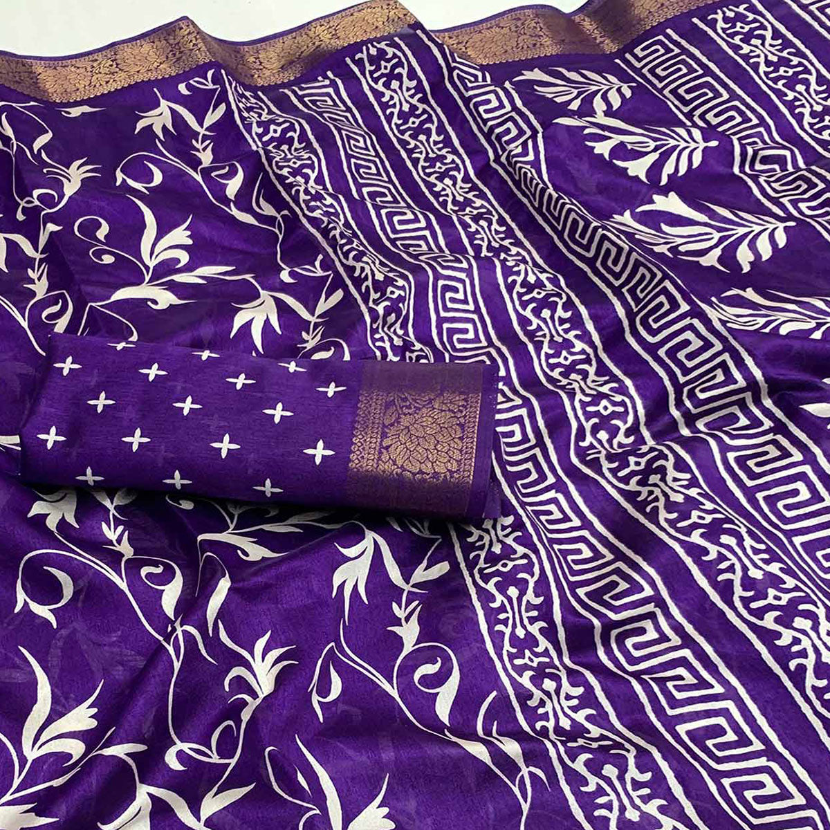 Violet Printed Cotton Silk Saree