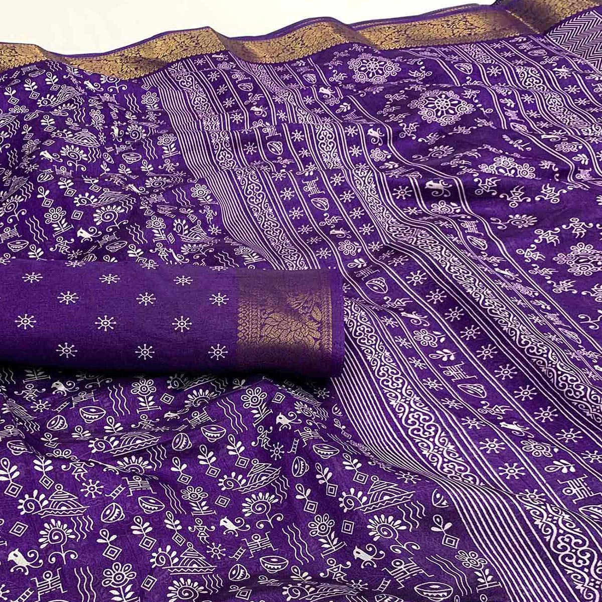 Violet Printed Cotton Silk Saree